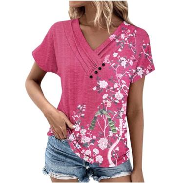 Imagem de Camisetas femininas plissadas com estampa floral longa e fina túnica feminina manga curta gola V camisas verão outono 2024, A-080 Rosa, M
