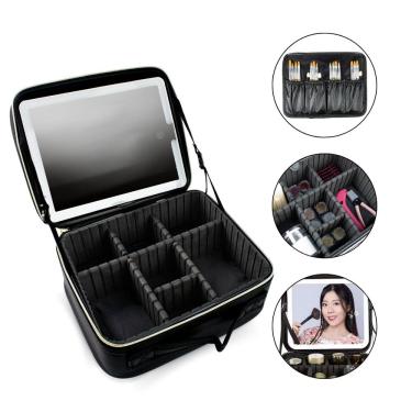 Imagem de Maleta Bolsa Make Acessórios Espelho LED Porta Pincel Preto