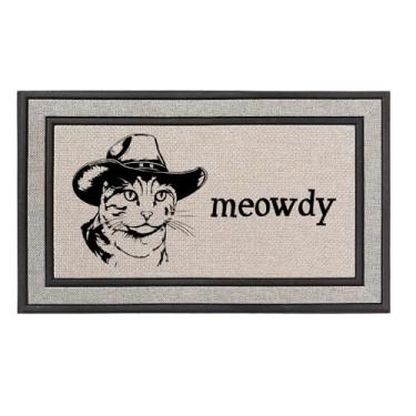 Imagem de Daylor Capacho para ambientes internos para ambientes externos 45,7 cm x 76,2 cm cinza/bege/preto tapete de porta de borracha tapete de tecido Meowdy gato engraçado howdy country cowboy gato