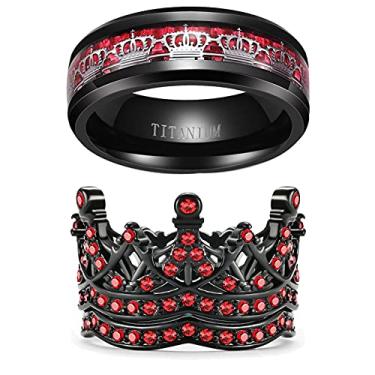 Imagem de Ringcrown Anéis de casal coroa preta combinando conjuntos de anéis de casamento azul CZ conjuntos de alianças de casamento femininas para ele e ela alianças de casamento, women size9 & men size11,