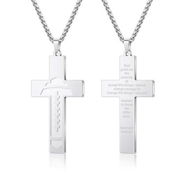 Imagem de Yifnny Colar masculino com cruz de futebol americano, versículo bíblico de aço inoxidável, fé religiosa, escrituras cristãs, pingente, corrente cruzada, primeira comunhão, batismo, joias esportivas,