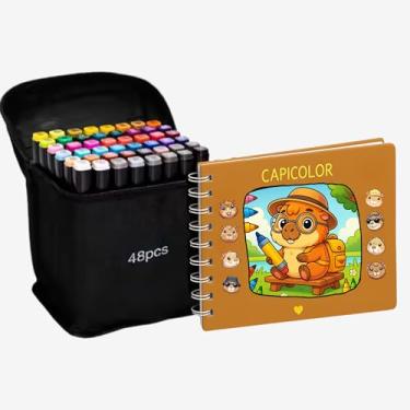 Imagem de Caderno Para Colorir CAPICOLOR Desenhos De Capivara Livro 50 Folhas + Estojo Canetas Canetinhas Pintar