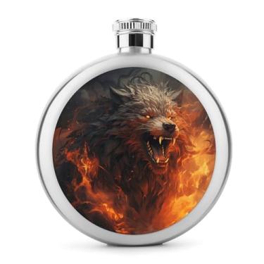 Imagem de Cantil de aço inoxidável, lobo selvagem no fogo, impressão clássica, garrafa de bolso, garrafa de anca, garrafa de viagem, garrafa portátil de metal