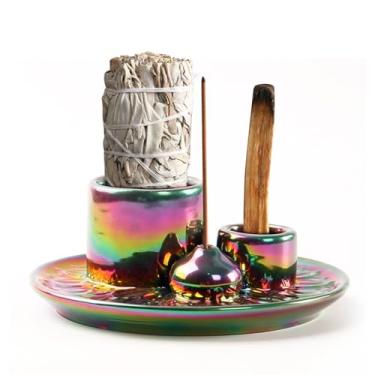 Imagem de Meltset M Queimador de incenso Palo Santo & Sage, vela de cerâmica 4 em 1 e suporte de mancha para meditação e ioga (colorido)