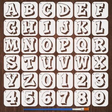 Imagem de FINGERINSPIRE 36 peças de estênceis de letras e números com 1 pincel de plástico 9,9 x 9,9 cm, letras de grafite, estêncil, números decorativos, estêncil, modelo decorativo para pintura em parede de