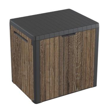 Imagem de Keter Signature Everwood Caixa de armazenamento externo de resina de 30 galões e mesa lateral de móveis de pátio para acessórios de piscina e jardim, nogueira