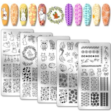 Imagem de PH PandaHall 5 Peças De Moldes Para Arte Em Unhas Coelho Páscoa, Placa Carimbo Ovo E Vegetais, Estênceis Textura Guirlanda, Placas Imagem Aço Inoxidável Design, Impressão, Manicure, Salão Beleza