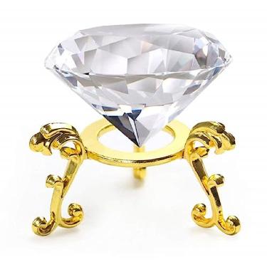 Imagem de Peso de papel de diamante de cristal de 60 mm (6 cm) com suporte de base de metal, joia de cristal em forma de diamante, peça central de vidro para decoração de casa e escritório (60 mm transparente)