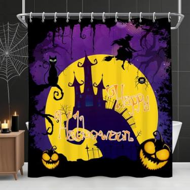 Imagem de OFILA Cortina de chuveiro roxa de Halloween para banheiro bruxa na vassoura voando pelo castelo assustador com feliz dia das bruxas lua cheia abóbora cortina de chuveiro impermeável tecido de