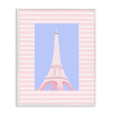 Imagem de Stupell Industries Torre Eiffel sobre listras rosas brancas emolduradas giclée design de arte por Pooja Dave, 14 x 11
