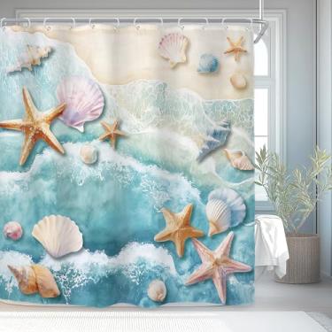 Imagem de Riyidecor Cortina de chuveiro de praia oceano para decoração de banheiro 72Wx72H azul-petróleo litoral náutico moderno litorâneo tropical onda do mar estrela do mar arte impressa tecido poliéster
