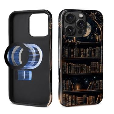Imagem de MQJCYB Capa magnética para iPhone 16 Pro, compatível com MagSafe, capa protetora fina de TPU macio para celular feminina e meninas para iPhone 16 Pro-Dark Gothic Bookshelf Moon