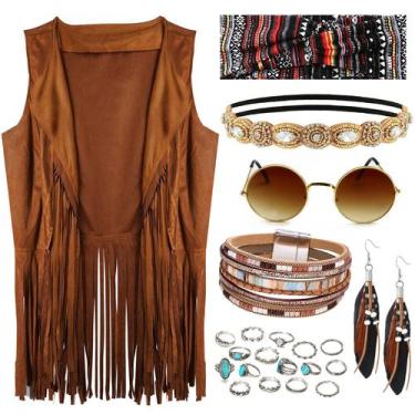 Imagem de Conjunto de colete hippie FEYIR, acessórios boho, marrom