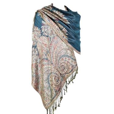 Imagem de Achillea Luxuoso Cachecol de Camada Dupla Jacquard Big Paisley Pashmina Xale, Teal, 80" X 28'