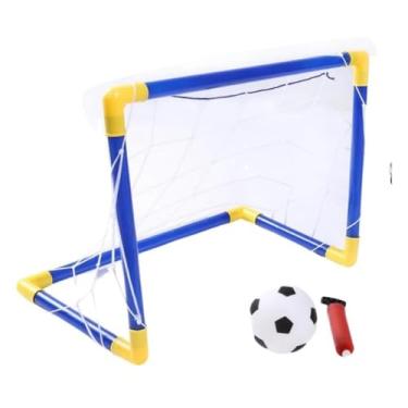 Imagem de Mini Gol de Futebol Infantil com Bola e Bomba, 35x50x30cm, Estrutura Azul e Amarela
