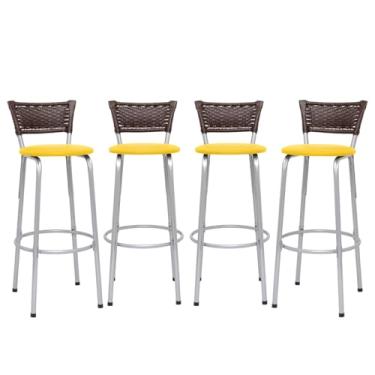 Imagem de Kit 4 Banquetas Alta Junco Argila Estrutura Prata 70cm Para Balcão Ilha Bancada Cozinha Bar Bistrô Americano - Itagold (Assento Amarelo)