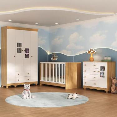 Imagem de Quarto de Bebê Completo com Berço 3 em 1 para Colchão 130x60cm Luna Multimóveis Mp4520 Madeirado/branco