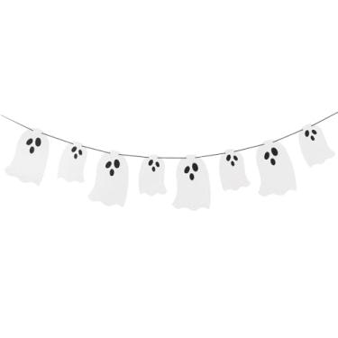 Imagem de Faixa fantasma pendurada de Halloween branca com glitter para festa de Halloween para casas mal-assombradas, portas internas e externas, decoração de mansão assombrada (pacote com 8)