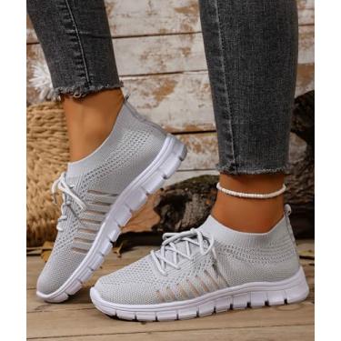 Imagem de Tênis de corrida feminino, sem cadarço, antiderrapante, caminhada, academia, treino, atlético, confortável, leve, moderno, esportivo, casual, Cinza, 35