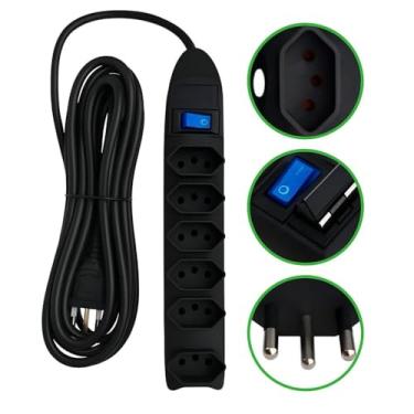Imagem de Extensão Elétrica 6 Tomadas com Fusível de Proteção e Interruptor – Cabo 3,0m Bivolt 110/220V, Filtro de Linha Seguro, 10A, Até 2500W – Régua de Tomadas para Casa e Escritório – (Preto)