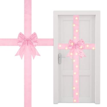 Imagem de Spiareal Laço de fita de porta de armário de Natal com luz LED grande fita brilhante arco de guirlanda de Natal árvore de natal decorações de embrulho para árvore de Natal lareira porta da frente