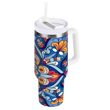 Imagem de Blueangle Copo isolado de 1,134 g com alça e tampa de canudo - Caneca de viagem de aço inoxidável à prova de vazamento, garrafa de água de cerâmica mexicana a vácuo de parede dupla (611)