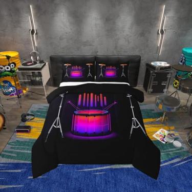 Imagem de Erosebridal Conjunto de edredom de tambor neon, solteiro, com instrumentos musicais abstratos, para crianças, adolescentes, adultos, edredom de música pop, rock moderno