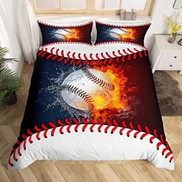 Imagem de Erosebridal Capa de edredom de beisebol para meninos adolescentes e crianças, capa de edredom completa, jogo de bola, esportes, vermelho, azul, água, fogo, colcha, esportes, quarto, dormitório, 2