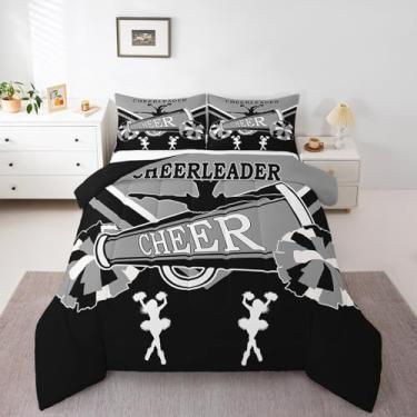 Imagem de Jogo de cama casal de líder de torcida, preto e cinza, edredom com tema de dançarina, edredom de líder de torcida, edredom e conjuntos de cama para decoração de quarto de meninas