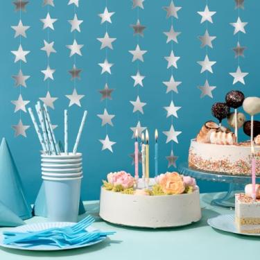 Imagem de Faixa de guirlanda de estrela prateada, fundo de bandeira pendurada com padrão de estrela dupla face, adequado para decorações de festa como aniversários, casamentos, Natal e cerimônias de formatura.