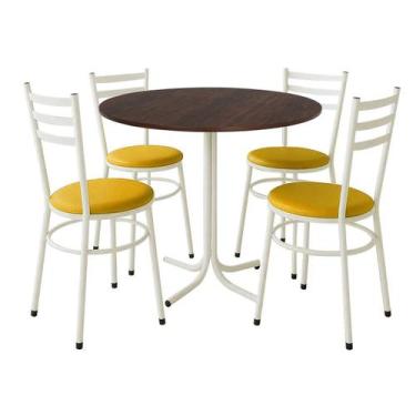 Imagem de Mesa de Jantar Redonda 80cm Imbuia Com 4 Cadeiras Estofada Branca - La