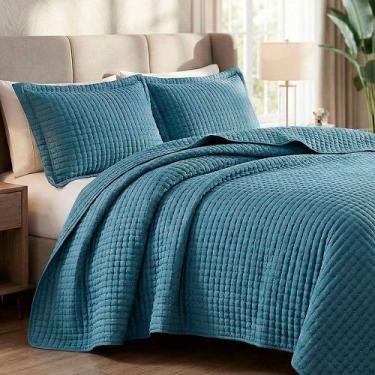 Imagem de Cobre Leito Colcha Encanto Casal 3 Peças Bege - Azul - 100% Poliéster 