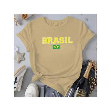 Imagem de Camiseta Feminina Casual Brasil Bandeira Copa 2026 Manga Curta em Algo
