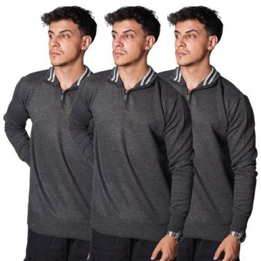 Imagem de Kit 3 Blusa Polo Meio Zíper Masculino Manga Longa 100 Poliéster Outono