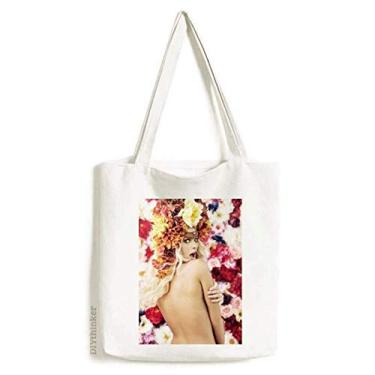 Imagem de Bolsa de lona com estampa de flores nuas, bolsa de compras casual