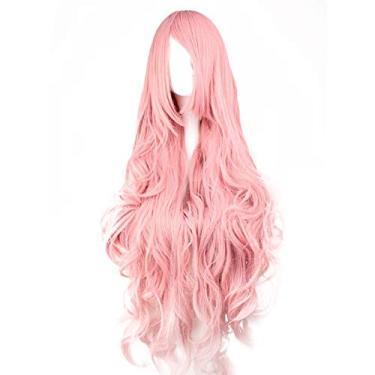 Imagem de Grey990 Peruca rosa longa encaracolada de fibra química de alta temperatura para festa de cosplay - 100 cm (aproximadamente), rosa