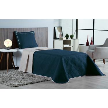 Imagem de Cobre Leito Colcha Solteiro Dupla Face 02 Peças - Marinho Com Palha