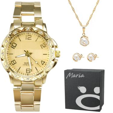 Imagem de Kit relógio feminino aço inox dourado