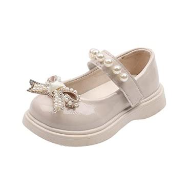 Imagem de Sandálias para meninas, sapatos infantis, pérolas, laço e gancho, princesa, sapatos de dança, chinelos infantis a granel, Bege, 8 Toddler