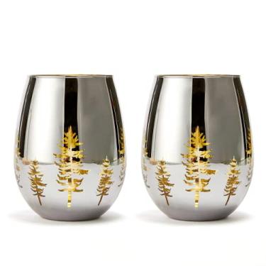 Imagem de Copos de água e vinho sem haste para árvore de Natal de cristal - Conjunto de 2 - Vidro fosco com tema de férias vibrante dourado gravado no inverno Snow Wonderland, perfeito para festas sazonais,