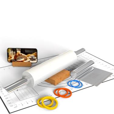 Imagem de Mepple Rolo de massa de mármore com tapete de pastelaria e cortador de massa de aço inoxidável, rolo de massa de mármore de 47 cm para assar pizza crocante de biscoito com 3 anéis de espessura