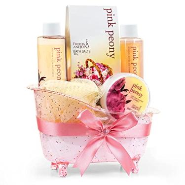 Imagem de Cesta de presentes em casa cesta de presentes agradavelmente perfumada spa de peony para mulheres banho de luxo e corpo para mulheres, contém gel de chuveiro, banheira de espuma, loção para o corpo, sal de banho de peônia e banheira em uma banheira feminina rosa