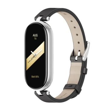 Imagem de MIJOBS Pulseira de couro genuíno para Xiaomi Mi Band 8/Mi Band 9, pulseira respirável com estilo milanês e miçangas, aço inoxidável, 155-220 mm, preto + prata