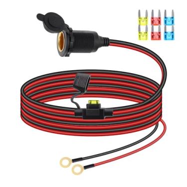 Imagem de RIIEYOCA Cabo de extensão de soquete de isqueiro de 12V 24V, rosca fixa de 16 AWG, tomada fêmea para anel de ilhó, cabo terminal com tampa à prova d'água e fusível de 20 A para carros, barcos. (3M)