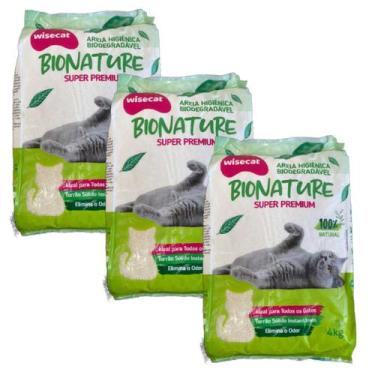 Imagem de Areia De Mandioca Para Gatos Wisecat 4kg Kit 3Un
