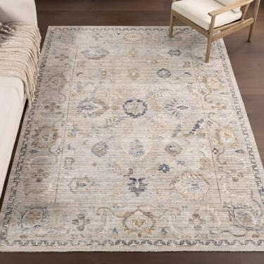 Imagem de nuLOOM Arleth Tapete de área lavável à máquina para uso interno/externo, 5 x 20 cm, lavável à máquina, tapete tradicional creme/azul claro para sala de estar, pátio, deck frontal, varanda, entrada,