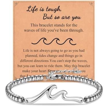 Imagem de IKIATY Presentes inspiradores para mulheres, pulseira inspiradora de ondas, presentes de melhora, presentes pensando em você, presentes de incentivo para mulheres amigas irmã - Life is Tough But So
