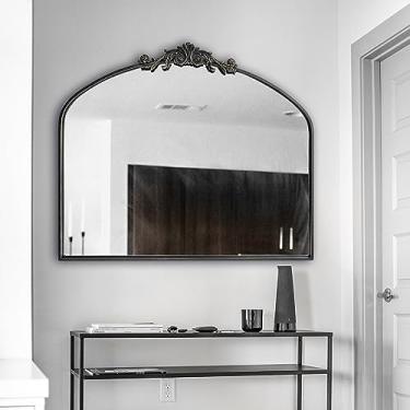 Imagem de OUSHUAI Espelho arqueado preto para parede, decoração barroca de espelho de lareira, espelho de parede de latão, espelho ornamentado para entrada/banheiro/sala de estar/corredor 91,6 cm x 76 cm..