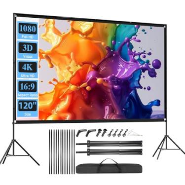Imagem de Tela de projetor para ambientes externos com suporte, telas dobráveis SCREENMAX de 120 polegadas com bolsa de transporte portátil, tela de projeção frontal traseira HD 16:9 4K HD sem rugas para noite