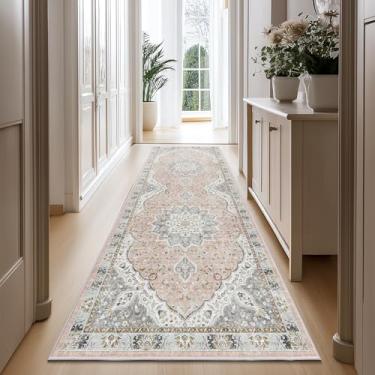 Imagem de Tapetes antiderrapantes de 6 x 30 cm – corredores para corredores, cozinha, entrada, tapetes laváveis resistentes a manchas para quarto, tapetes de área vintage para ambientes internos (rosa) / cinza,